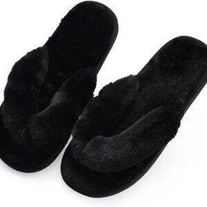 Womens Faux Fur Slippers Waterproof Open Toe House Flip Flops for Girls Men